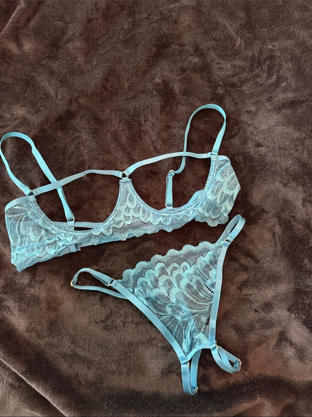 Sheer Lace Bralette & Thong Lingerie Set in Light Blue